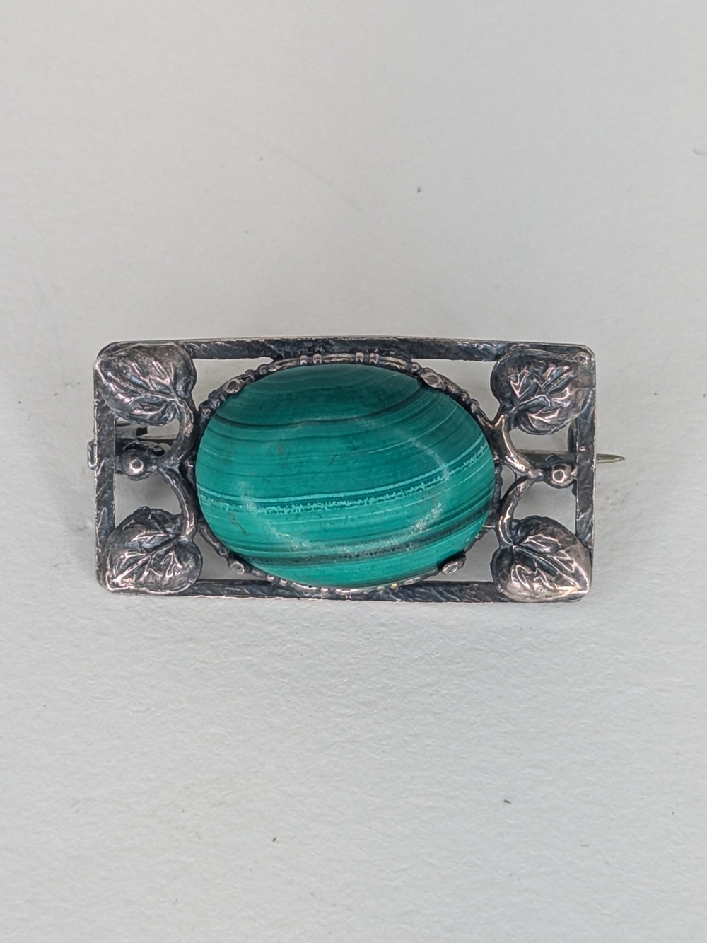 Vintage Malachite Semi-precious Stone, 925 Sterling Handmade Pin Brooch